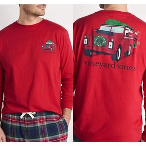 Vineyard Vines Mens Long Sleeve T Shirt Red Christmas Tree Truck Graphic NEW